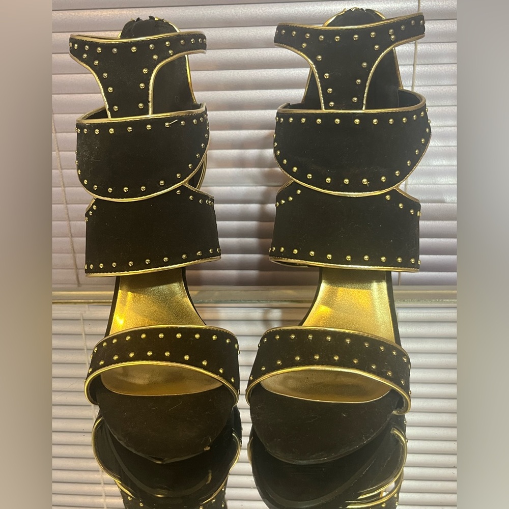 Paprika Black suede Shiny Gold leather high heel zipper stiletto sandals shoes